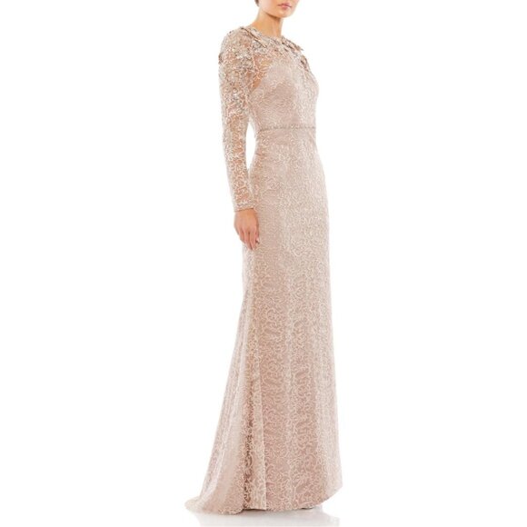 $898 Mac Duggal 11217 Size 18 Nude Pink‎ Long Sleeve High Neck Floral Gown Dress - Picture 5 of 6